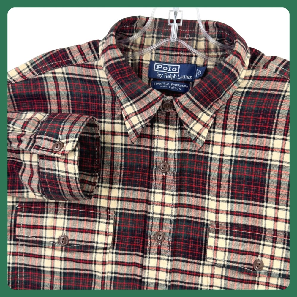 Polo Ralph Lauren Flannel Stanfield Workshirt Men Large Red Green Plaid Pockets